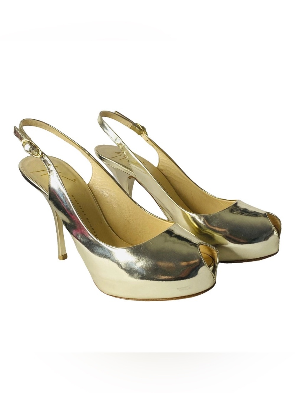 🛍️ Giuseppe Zanotti Metallic Gold Peep-Toe Slingback Heels with Dust Cover